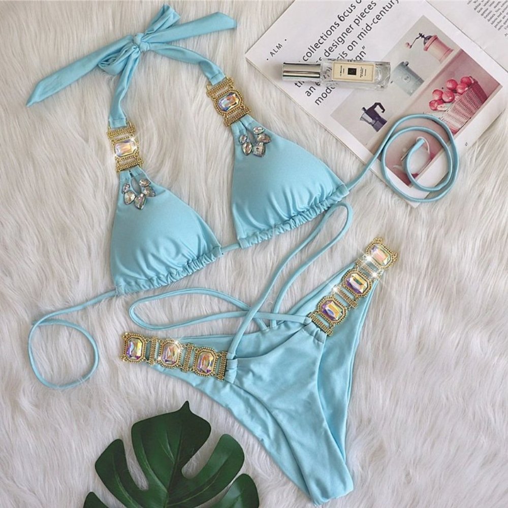 NEW Sparkling Bling Crystal Rhinestone Bikini Swimsuit Beachwear +FREE G… - Picture 2 of 15